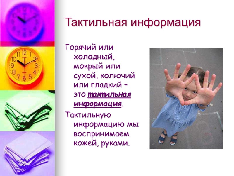 Тактильная информация Горячий или холодный, мокрый или сухой, колючий или гладкий – это тактильная